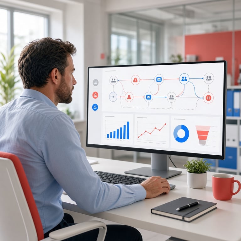Marketingmanager die een geautomatiseerde klantreis en conversiemeting controleert