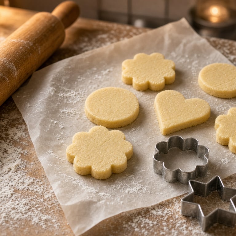 Versgebakken zandkoekjes op een bakplaat met uitsteekvormpjes en een deegroller