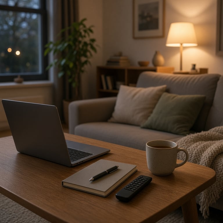 Een Nederlandse woonkamer met een laptop, notitieboek en afstandsbediening voor een ontspannen kijkavond