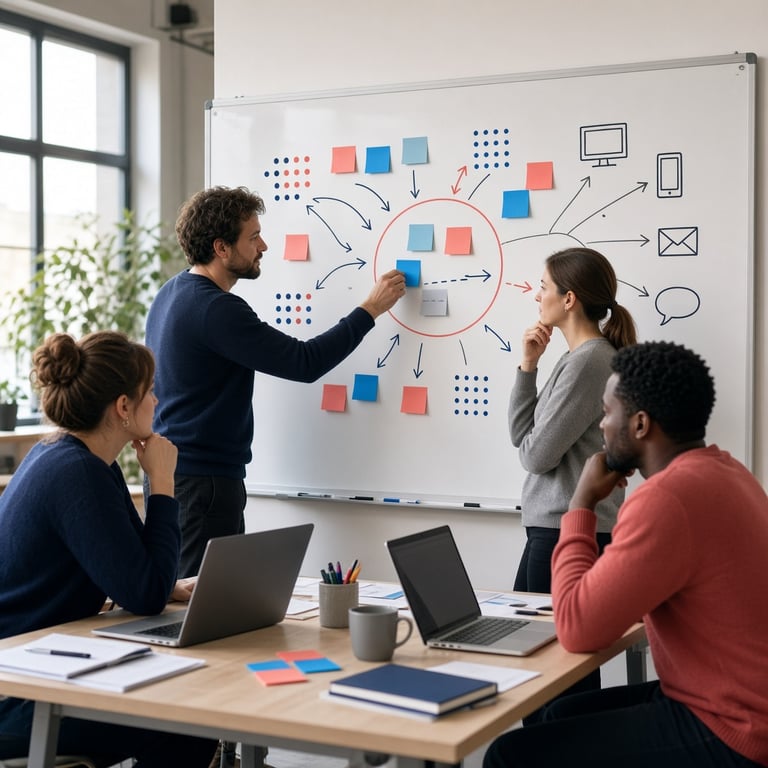 Een marketingteam dat doelgroep, aanbod en kanalen samenbrengt op een whiteboard