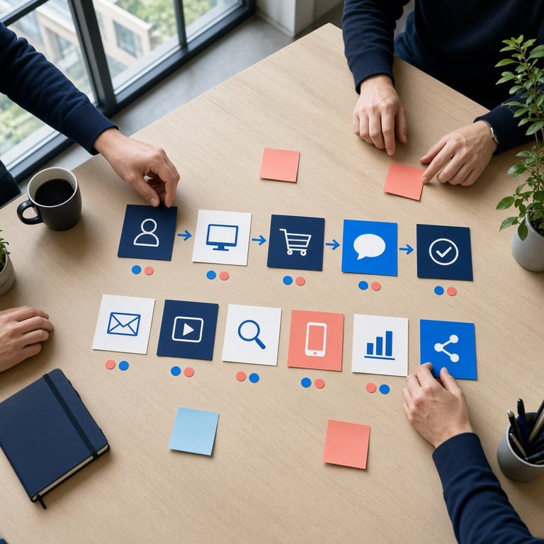 Strategisch overleg over een digitale marketingstrategie met klantreis en kanaalkeuzes op een groot scherm