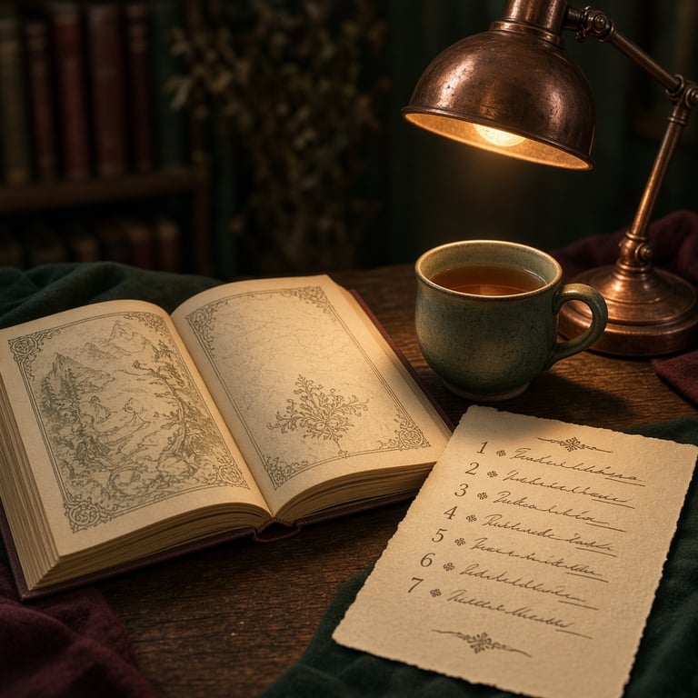 Een open Harry Potter-boek naast een leeslamp en een notitie met de leesvolgorde