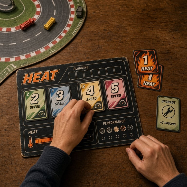Een speler plant een racebocht in HEAT met snelheidskaarten, hittekaarten en een upgrade naast het spelersbord