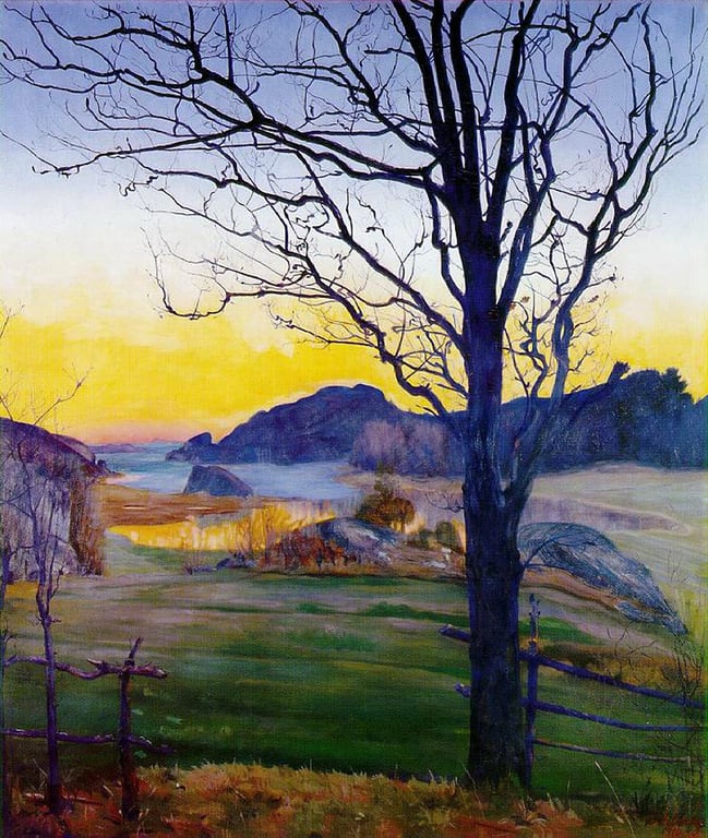 Kustlandschap bij zonsondergang