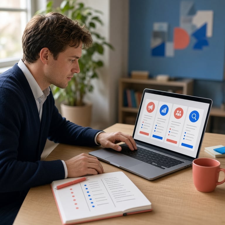 Professional die digitale marketingvacatures vergelijkt op een laptop met notities naast zich