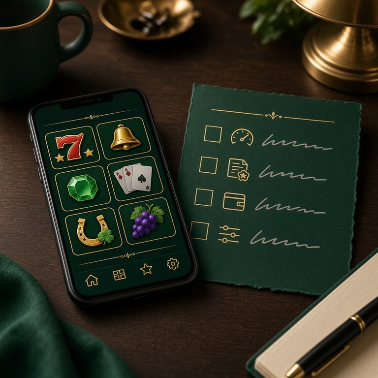A mobile phone showing a neatly organised online pokies lobby beside a notebook with RTP, bonus, and payment checks