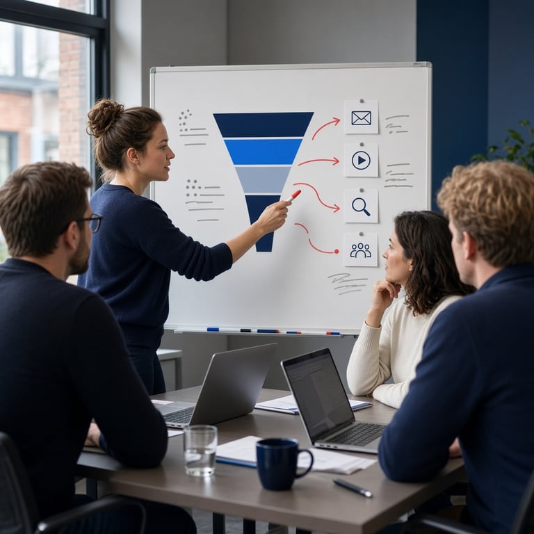 Een marketeer analyseert een campagne op een laptop naast een whiteboard met klantreizen