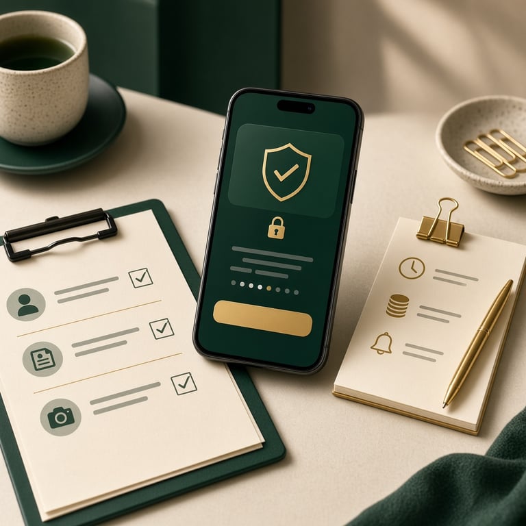 A warm cream desk with a secure payment screen, identity verification checklist, and phone displaying responsible gambling limits