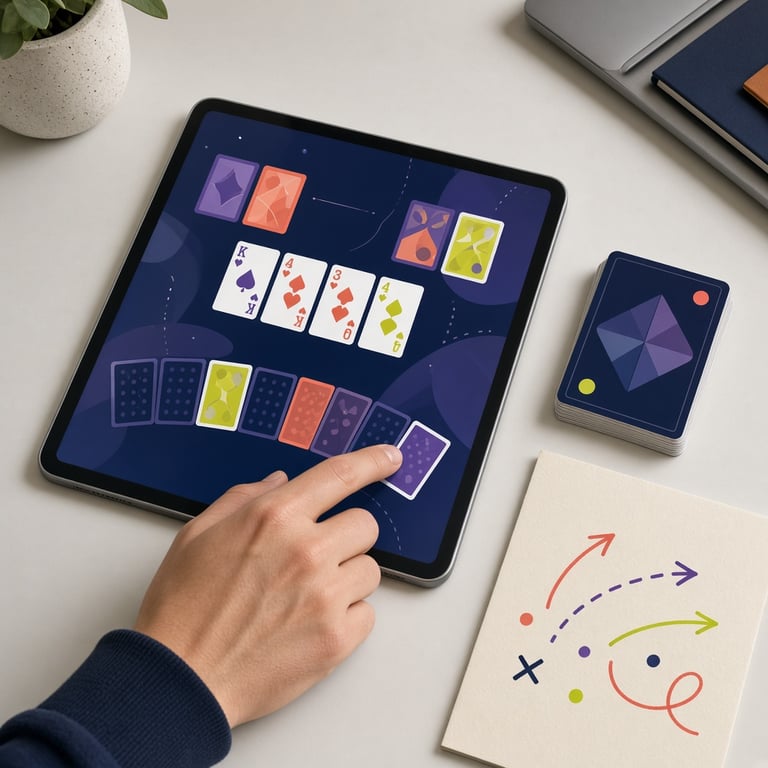 Een moderne online kaartspelervaring met speelkaarten, tablet en tactische kleurvlakken op een lichte tafel