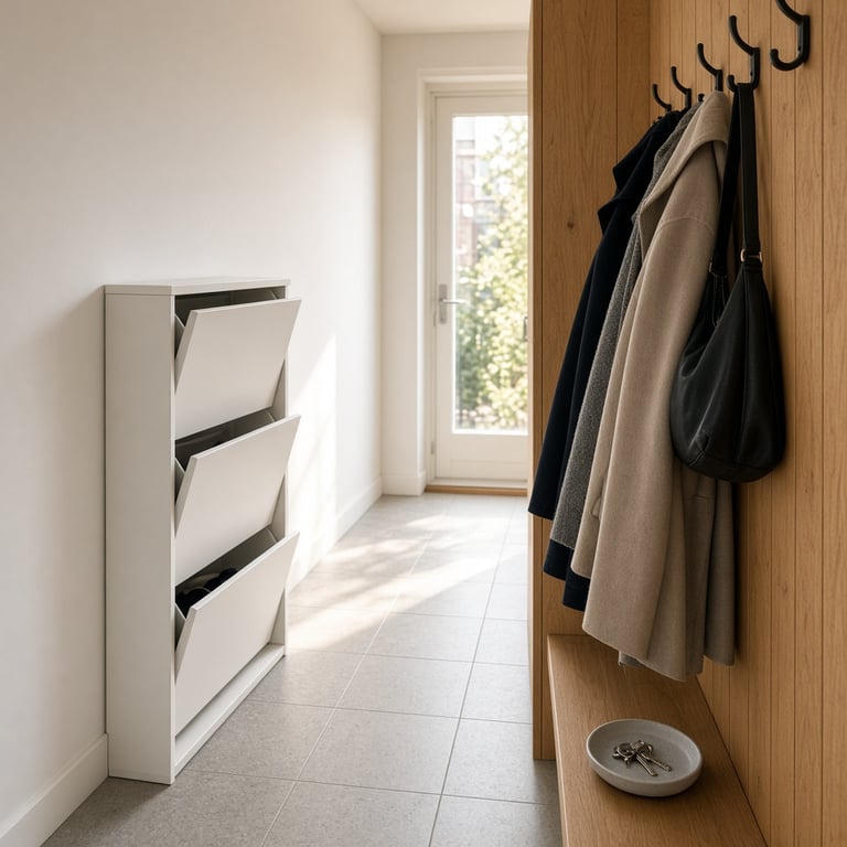 Een opgeruimde Nederlandse hal met een smalle IKEA-opberger, manden en jassen aan de wand
