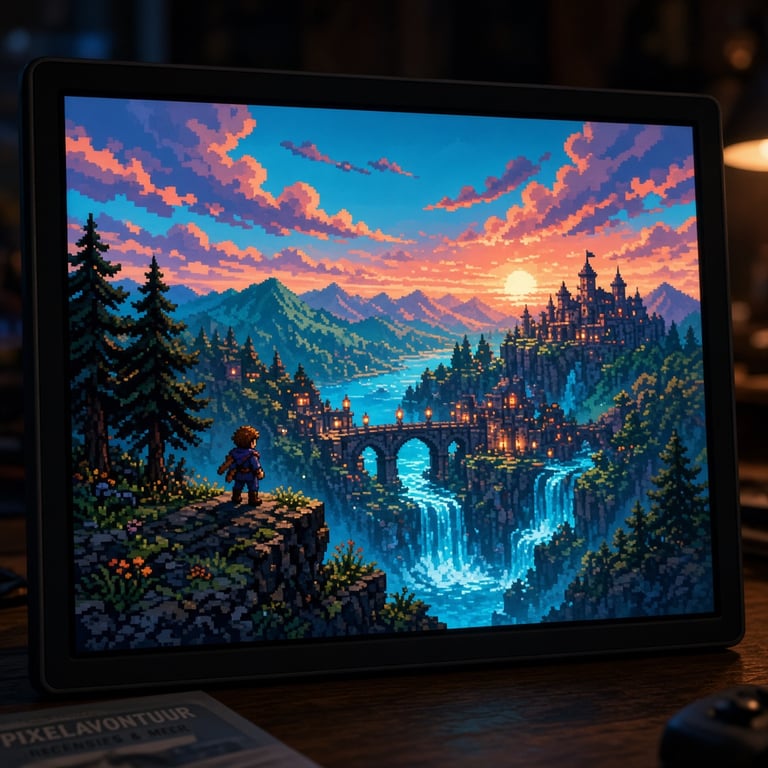 Een kleurrijk pixelavonturenlandschap op een retro scherm