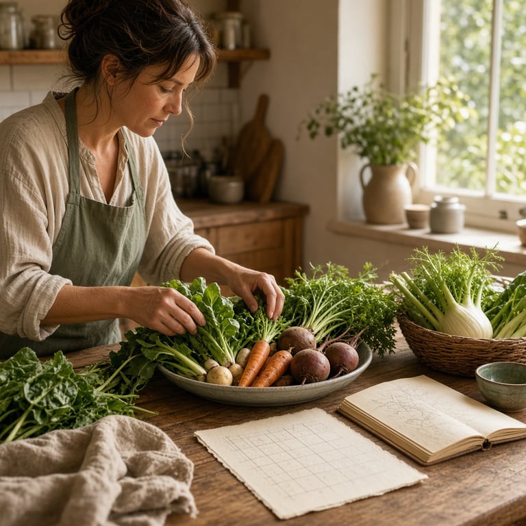 A home cook arranging seasonal vegetables beside a weekly meal plan and a simple recipe notebook