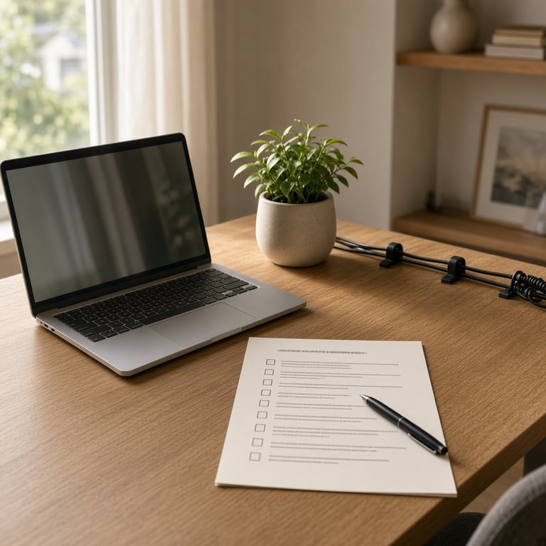 Een Nederlandse thuiswerkplek met een checklist voor WordPress-onderhoud naast een laptop