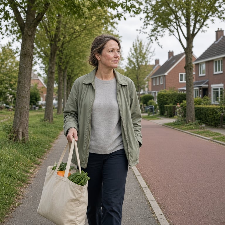 Volwassen vrouw wandelt langs een Nederlands fietspad met een boodschappentas en sportieve kleding