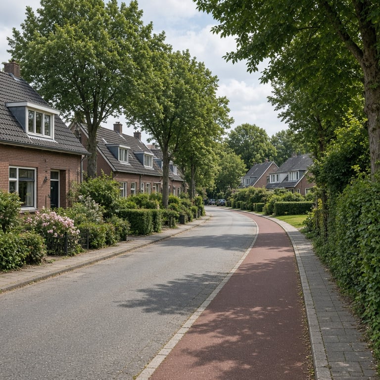 Straatbeeld met verschillende koopwoningen en bomen in Apeldoorn