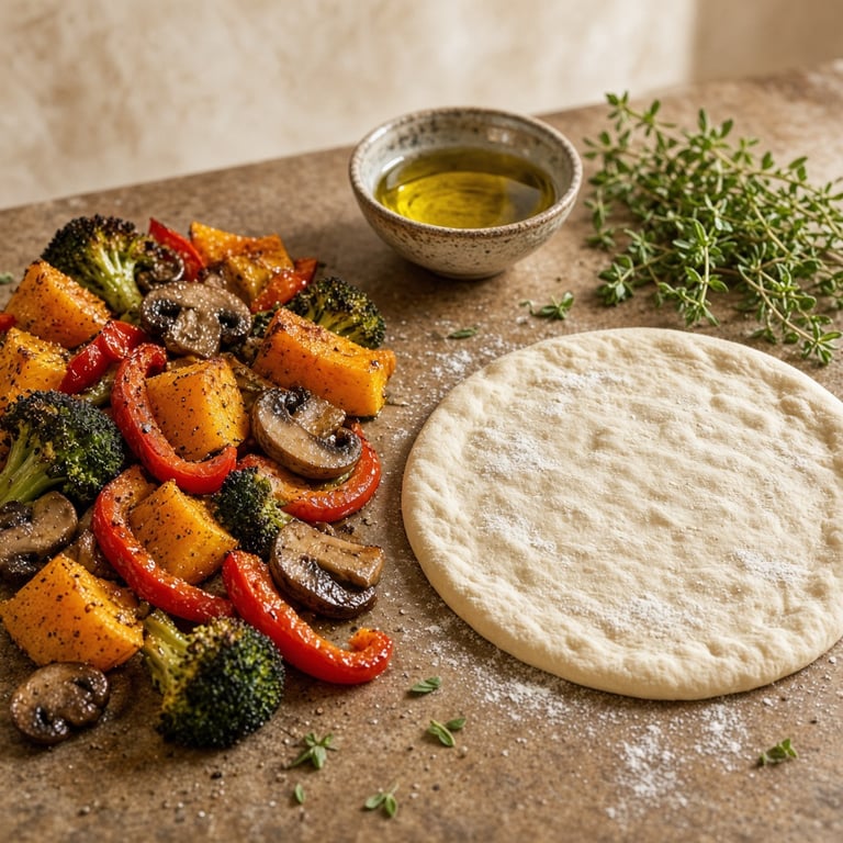 Roasted pumpkin, broccoli, mushrooms, and capsicum arranged beside pizza dough and herbs for a fresh vegetable topping setup