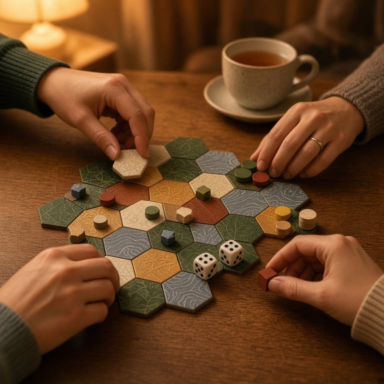 Een bordspel op tafel met kaarten, fiches en dobbelstenen tijdens een gezellige spelavond