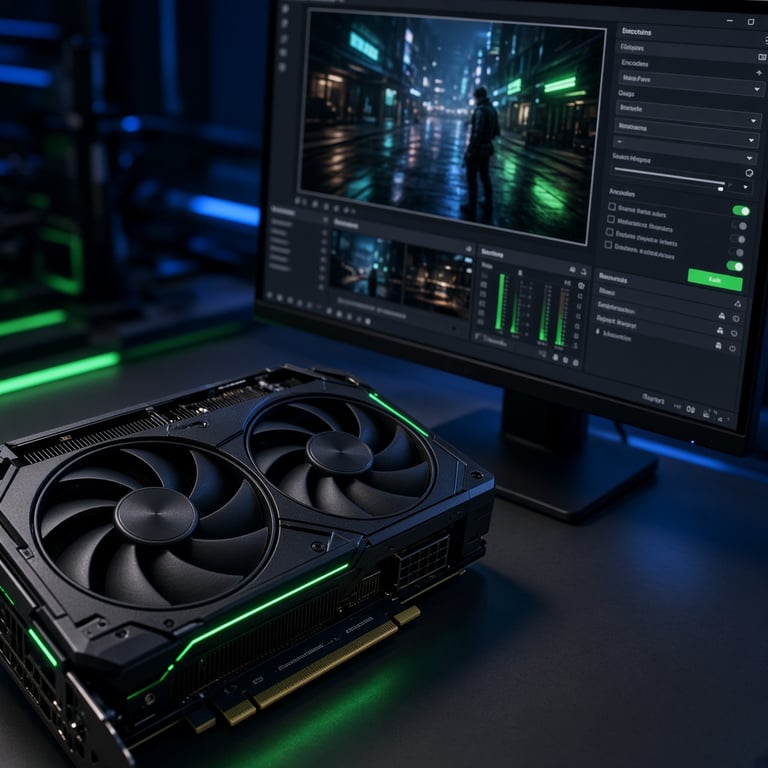 Nvidia graphics card beside a gaming monitor showing OBS Studio and a live stream preview