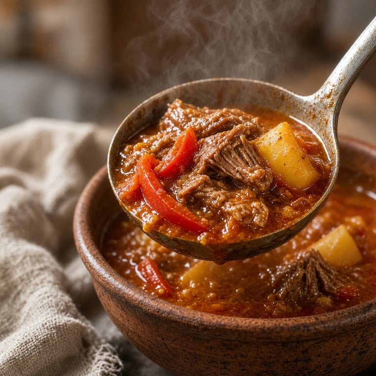 Een lepel schept dikke rundergoulash met zachte paprika en aardappel uit een stoofpan