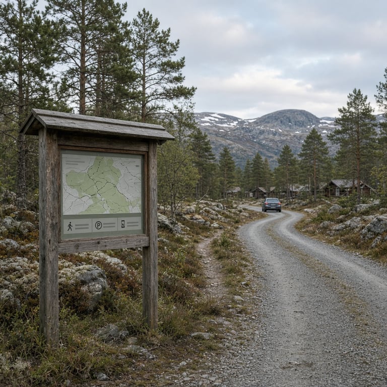Informasjonstavle ved et norsk hytteområde med fjellterreng og sti i bakgrunnen