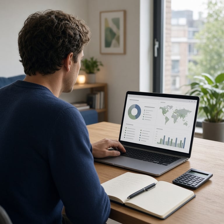 Nederlandse belegger bekijkt een gespreide ETF-portefeuille op een laptop aan de keukentafel