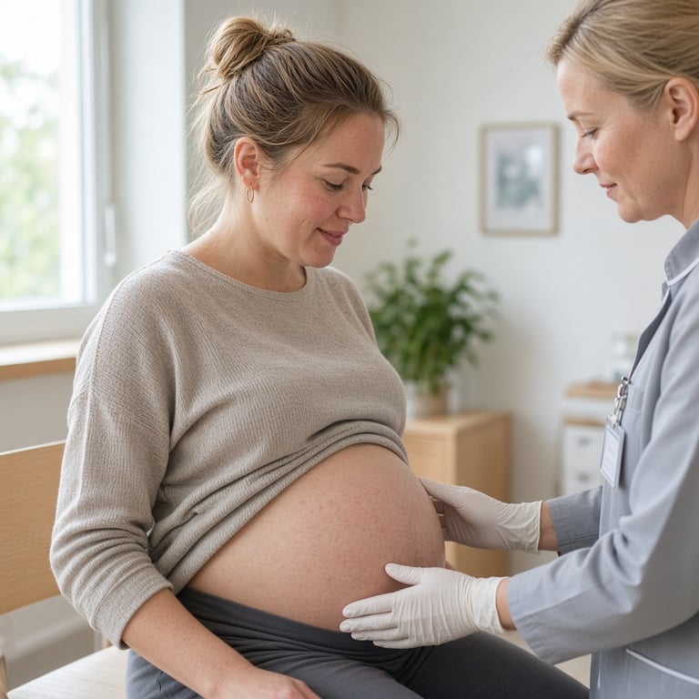 Gravid kvinne som får undersøkt et kløende utslett på magen hos helsepersonell