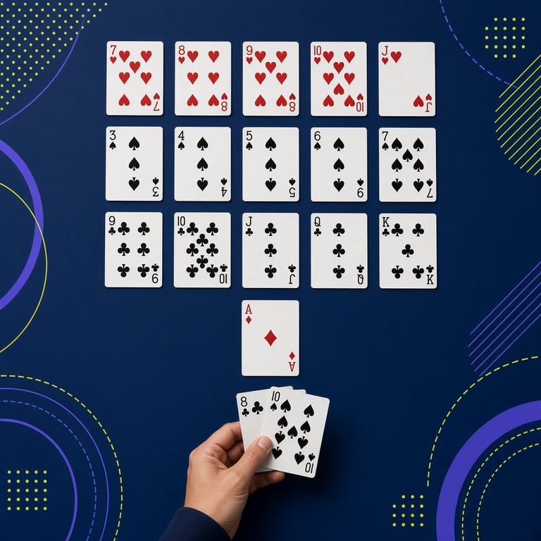 Een modern tafelbeeld met gewone speelkaarten in oplopende reeksen en spelers die hun volgende zet afwegen