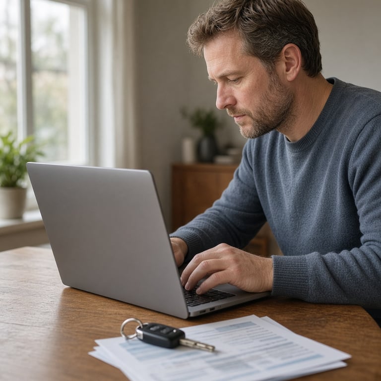 Nederlandse automobilist controleert een WA-verzekering op een laptop naast autosleutels