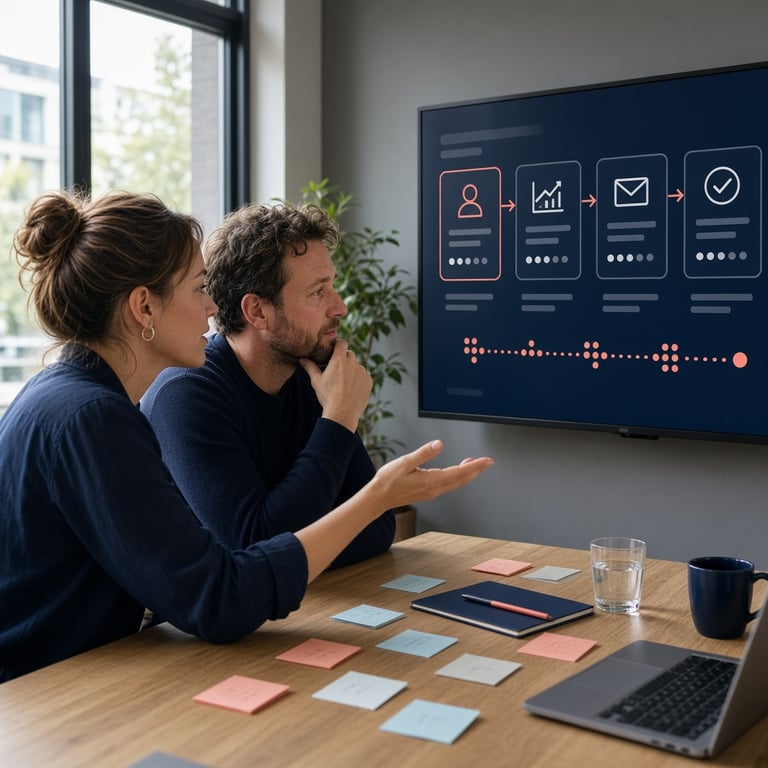 Strategisch overleg over b2b digitale marketing met een websiteanalyse op een scherm