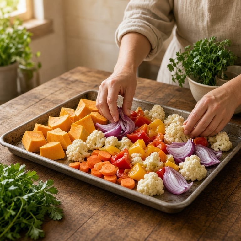 A colourful tray of roasted vegetables with crisp edges and fresh herbs on a warm kitchen table