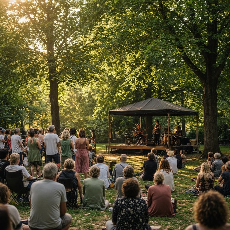 Sfeervol zomerfestival in een Apeldoorns park met bezoekers bij een podium en groene bomen
