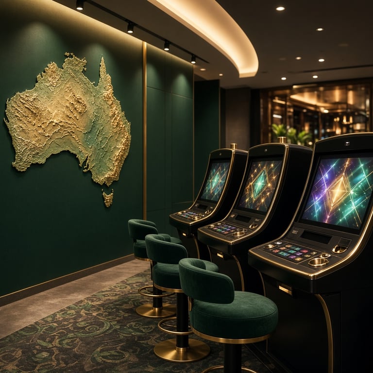 Australian pub gaming room with electronic gaming machines and a clear state map display