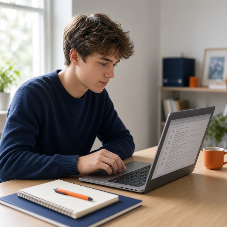 Nederlandse leerling maakt auto theorie examenvragen op een laptop aan een opgeruimd bureau