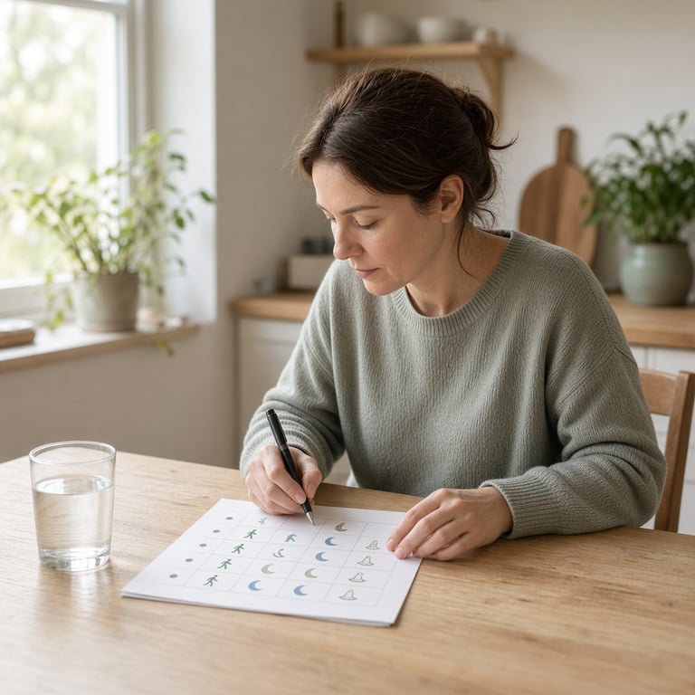 Deelnemer maakt thuis een eenvoudig weekplan met beweging, slaap en ontspanning op een keukentafel