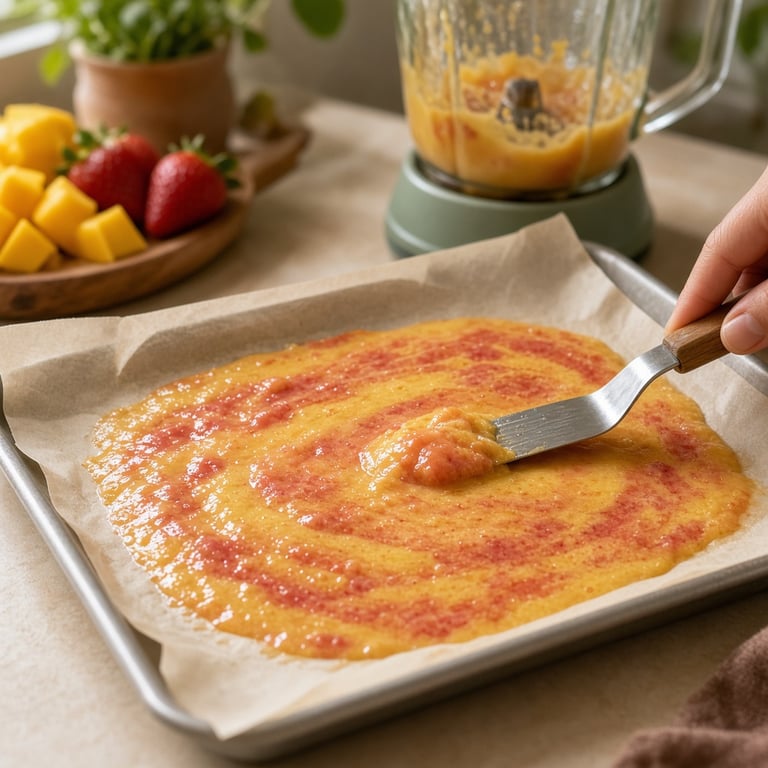 Homemade fruit roll ups made from mango and berries on a warm cream kitchen table