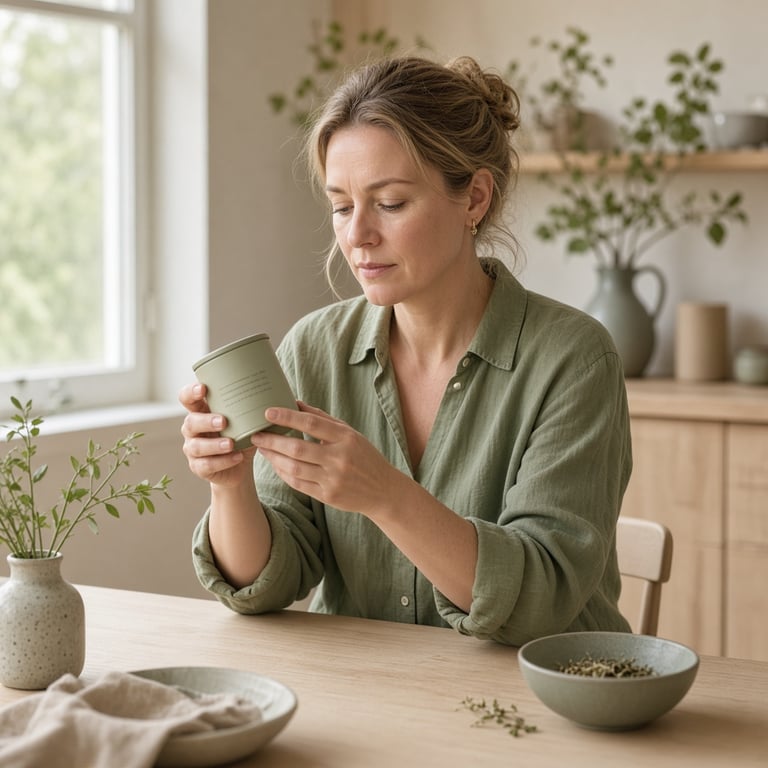 Kvinne som leser informasjon om naturmidler ved overgangsalder ved et lyst kjøkkenbord
