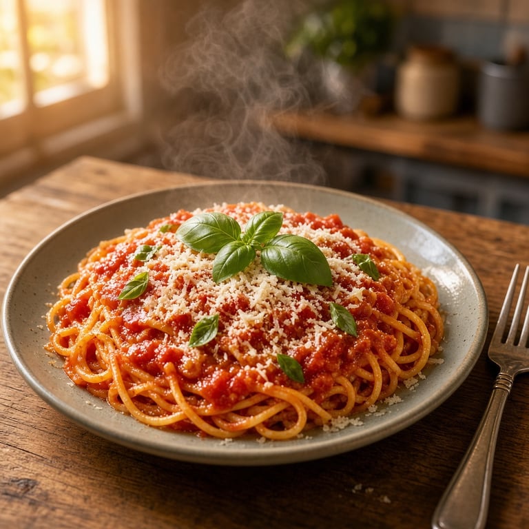 Een dampend bord spaghetti met tomatensaus, basilicum en Parmezaanse kaas op een houten keukentafel