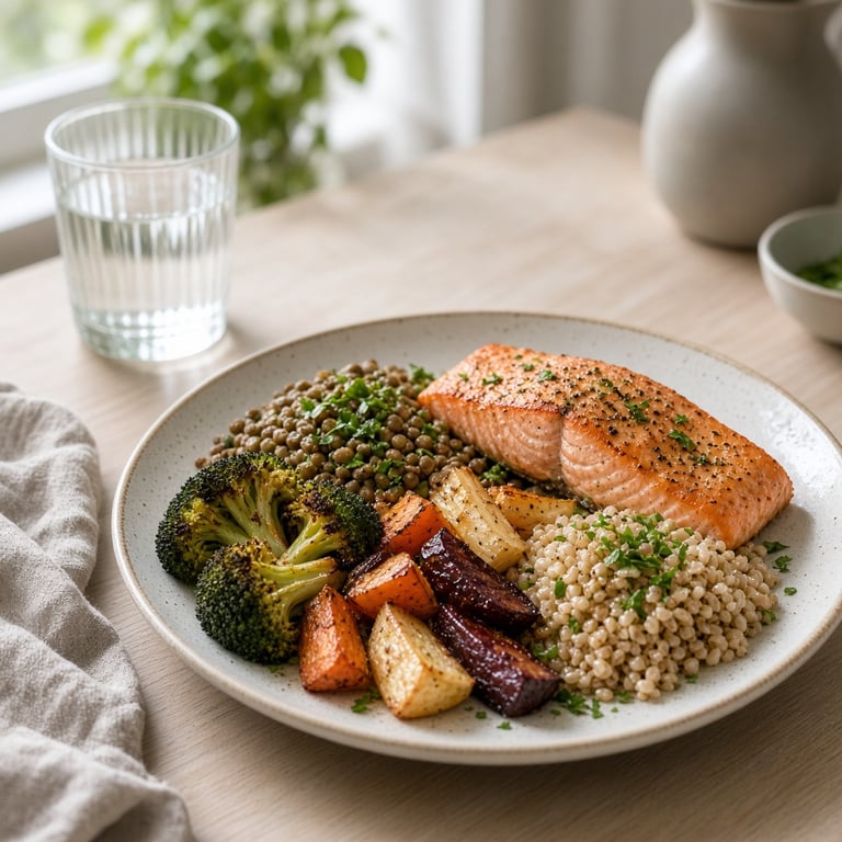 En fargerik middag med laks, linser, grønnsaker og fullkorn servert i en rolig nordisk spisestue