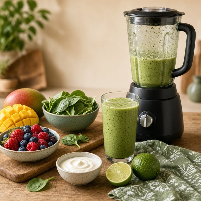 Mango, berries, spinach and fresh fruit arranged beside a blender for balanced breakfast smoothies