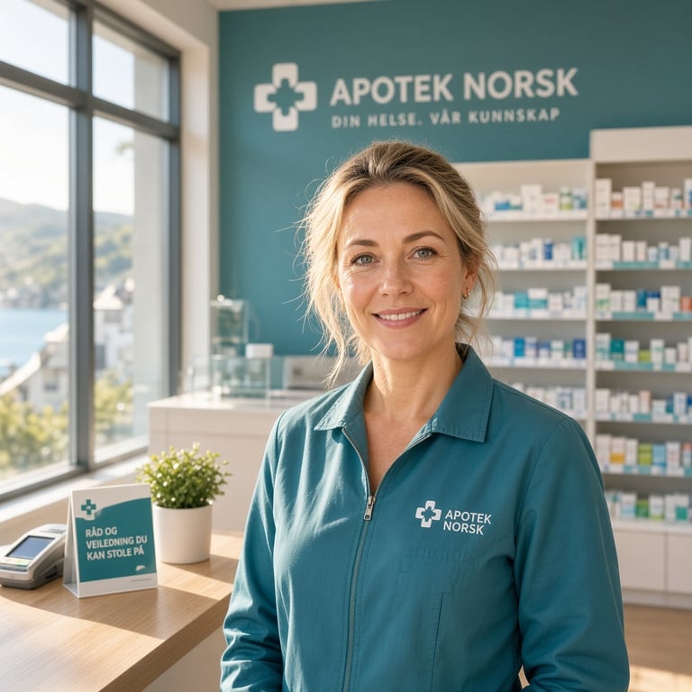 Farmasøyt i et lyst norsk apotek