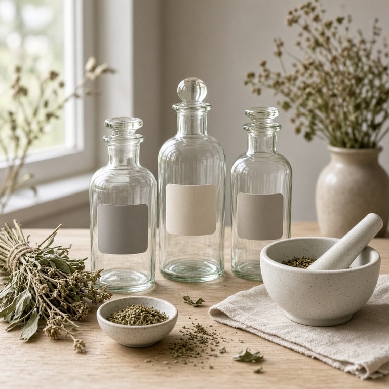 Glassflasker med urter og planteekstrakter på et lyst trebord