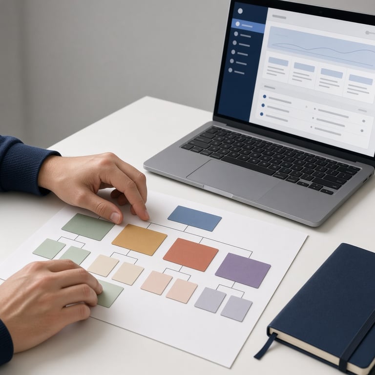 A beginner planning a Joomla website structure beside a laptop showing a clean administrator dashboard