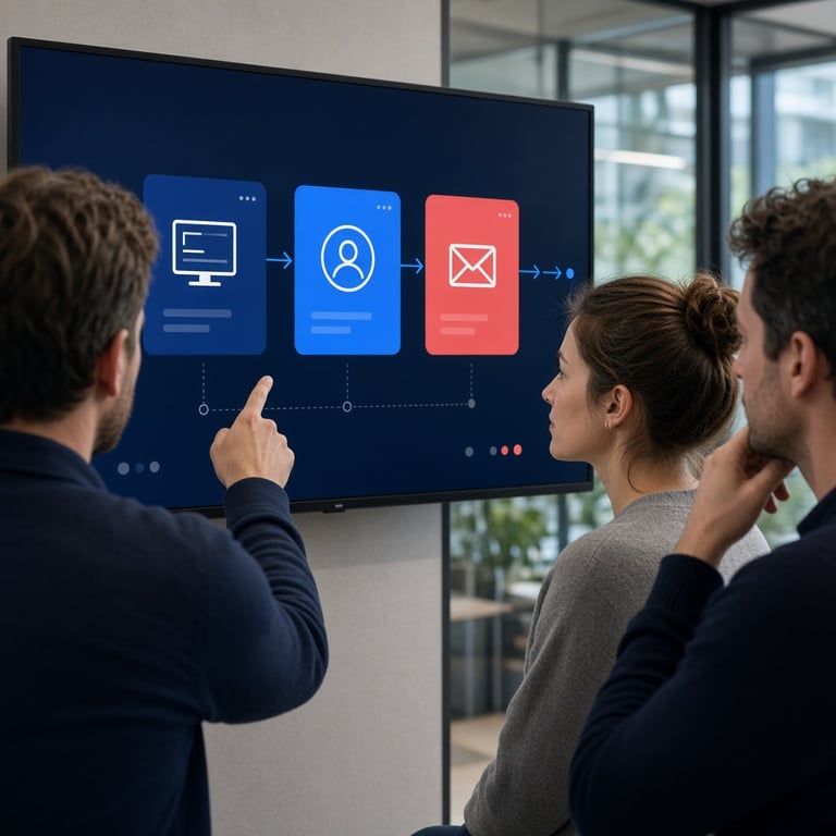 Marketingteam dat een marketingstack op een groot scherm uitwerkt
