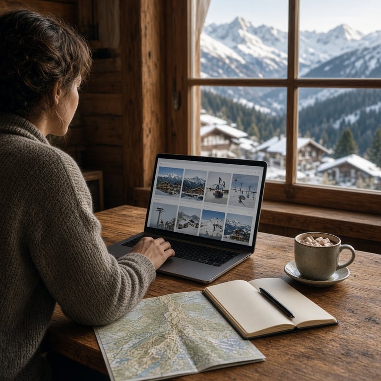 Skiliefhebber bekijkt accommodaties voor een wintersportvakantie met uitzicht op besneeuwde bergen