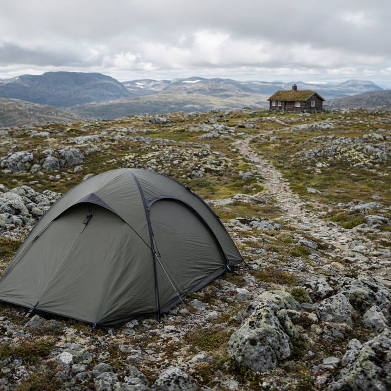 Telt på en åpen fjellvidde med god avstand til hytter og sårbar vegetasjon
