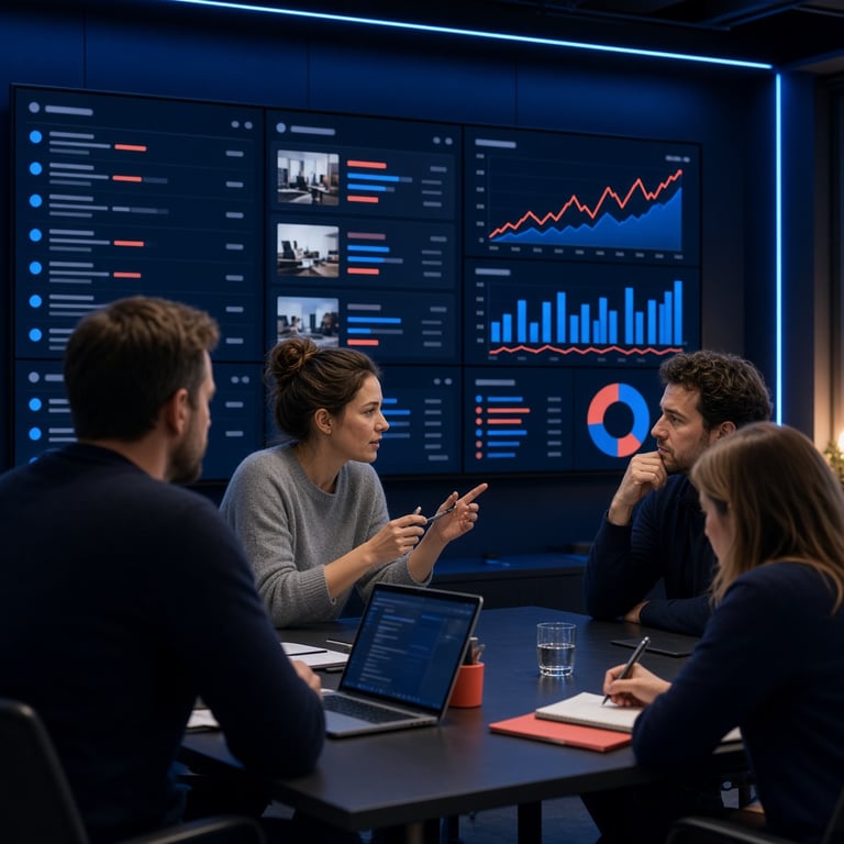 Marketingteam dat campagnegegevens en AI-zoekresultaten op grote schermen analyseert