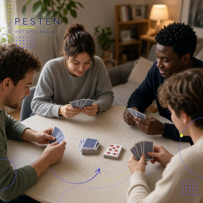 Een modern vormgegeven kaarttafel met een aflegstapel, trekstapel en spelers die hun handkaarten ordenen
