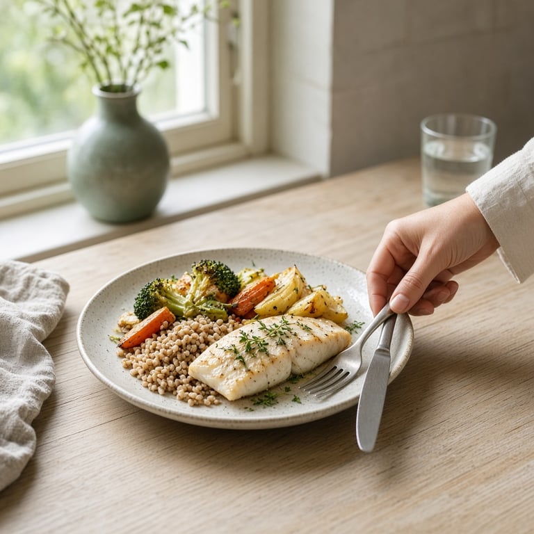 Et enkelt måltid med grønnsaker, fullkorn og fisk på et lyst kjøkkenbord