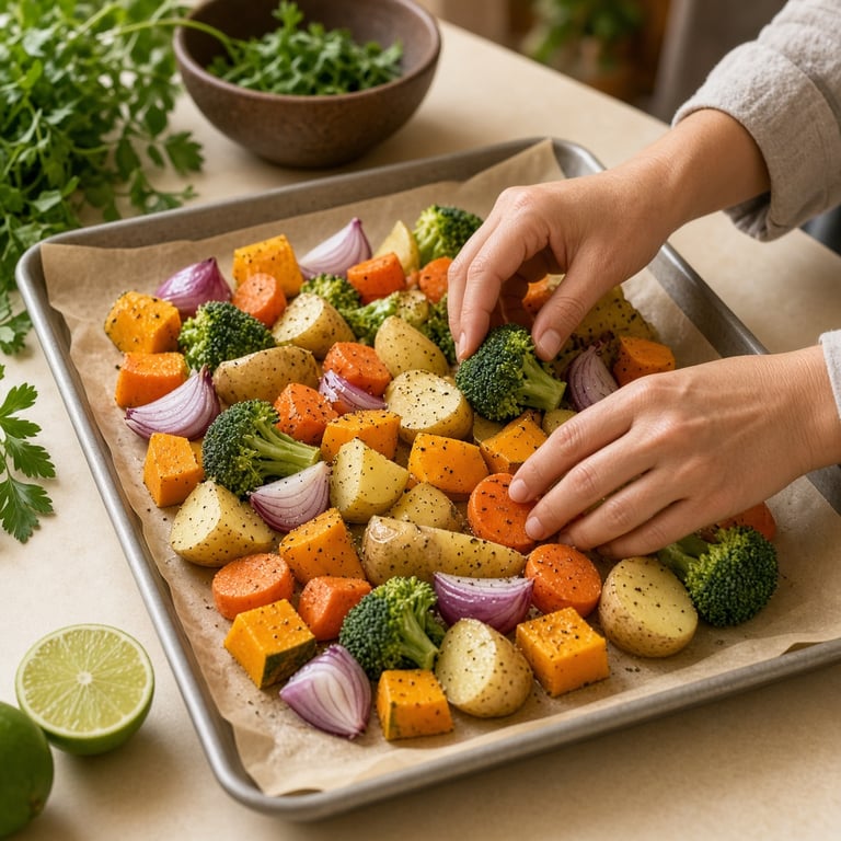 Colourful healthy roasted vegetables arranged on a large baking tray