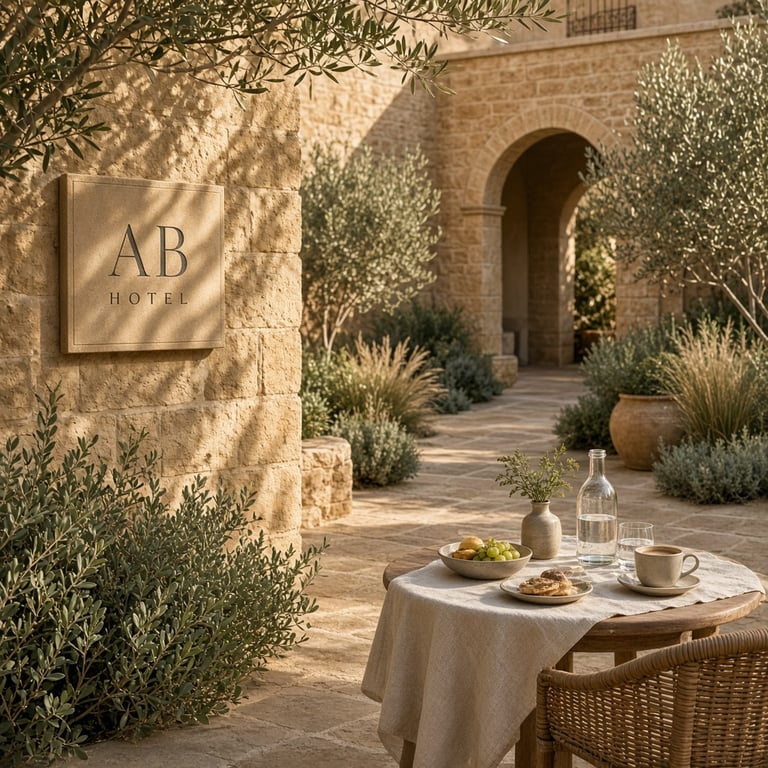 Quiet breakfast setting in a leafy hotel courtyard